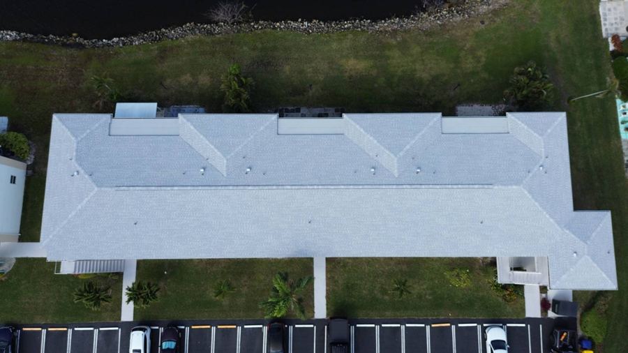 Roof in Boynton Beach put on by Ranger Roofing, drone photo from January 2025