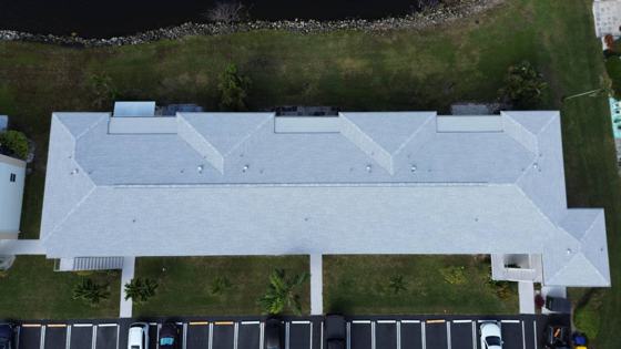Roof in Boynton Beach put on by Ranger Roofing, drone photo from January 2025