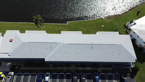 Roof in Boynton Beach put on by Ranger Roofing, drone photo from January 2025