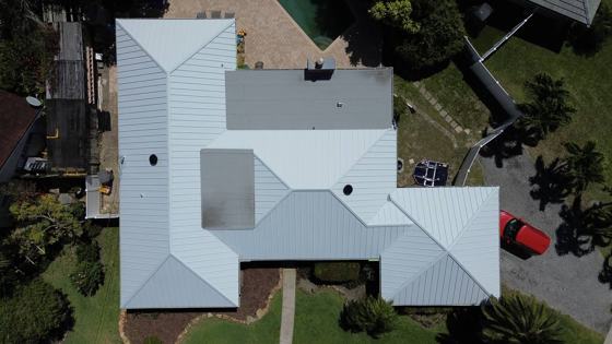 Roof in North Palm Beach put on by Ranger Roofing, drone photo from March 2025