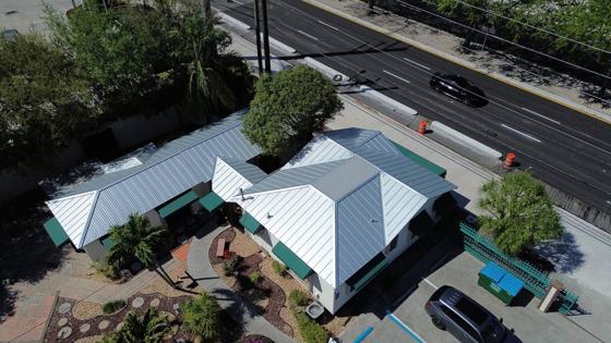 Roof in Palm Springs put on by Ranger Roofing, drone photo from March 2025
