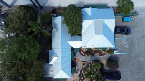 Roof in Palm Springs put on by Ranger Roofing, drone photo from March 2025