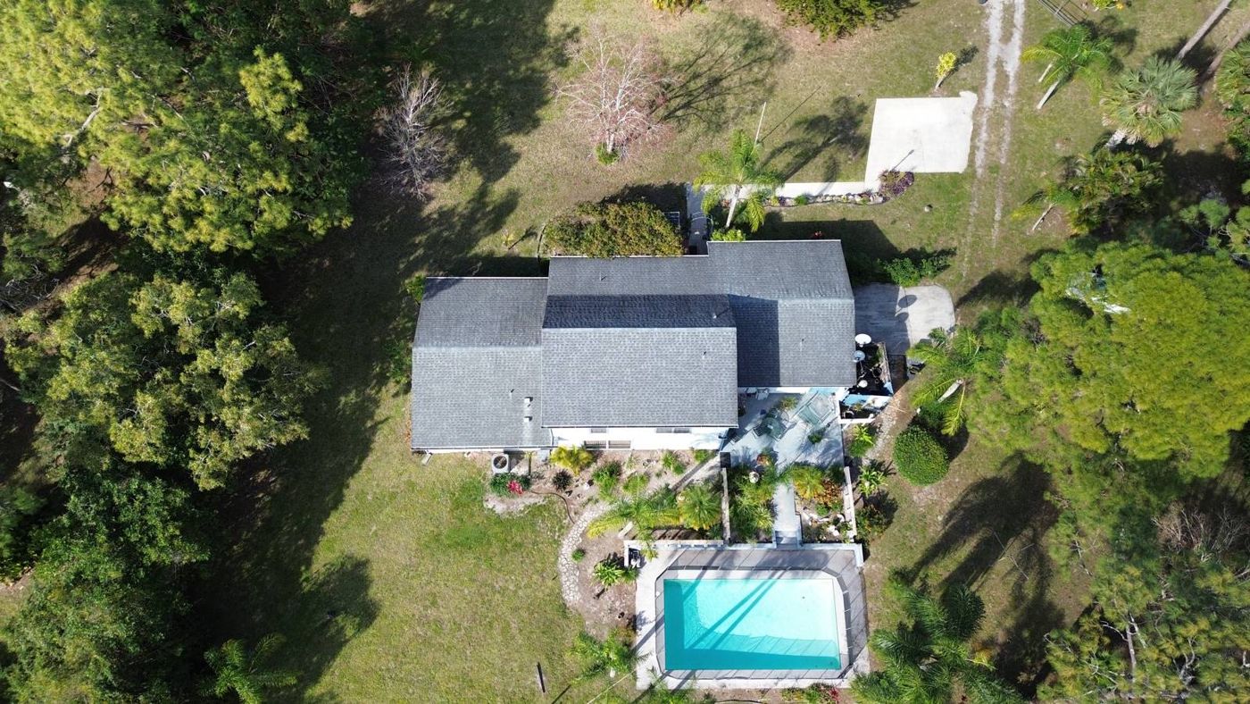 Roof in The Acreage put on by Ranger Roofing, drone photo from January 2025