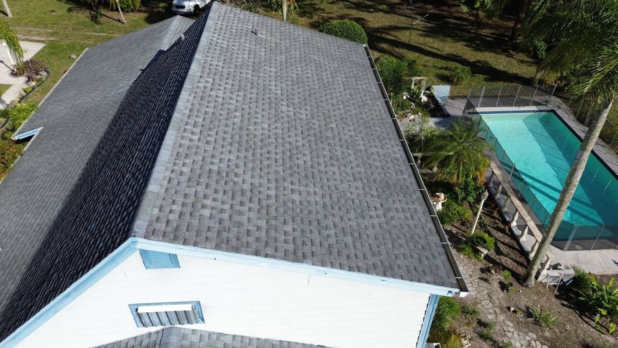 Roof in The Acreage put on by Ranger Roofing, drone photo from January 2025