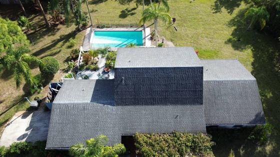 Roof in The Acreage put on by Ranger Roofing, drone photo from January 2025
