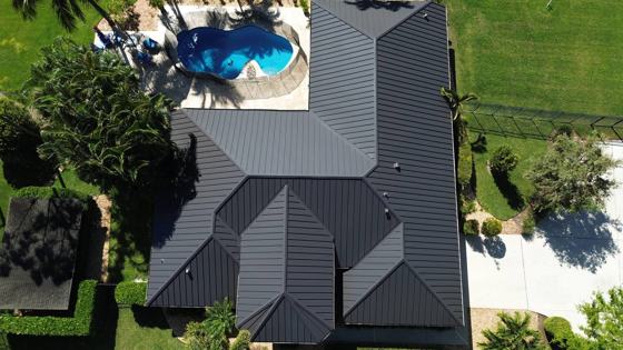 Roof in The Acreage put on by Ranger Roofing, drone photo from March 2025