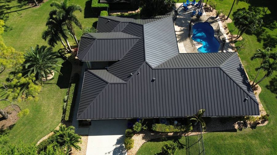 Roof in The Acreage put on by Ranger Roofing, drone photo from March 2025